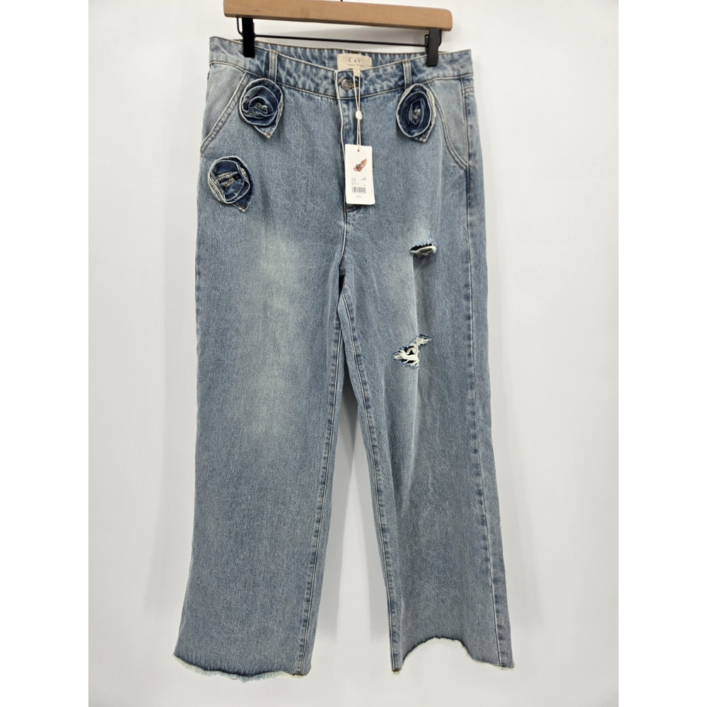 NWT Chelsea & Violet Jeans Denim Flowers Raw Hem Distressed Boho Hippie Size 30